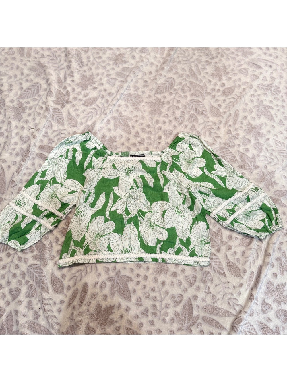 Tahari 100% Linen Floral Cottagecore Coastal Puff Sleeve Crop Top L‎